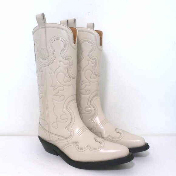 GANNI Embroidered Western Boots Cream Leather Size 39 - Picture 1 of 12